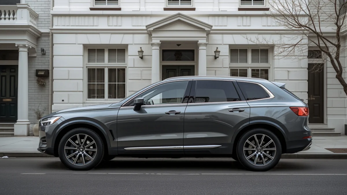Grå SUV parkert langs en rolig bygate