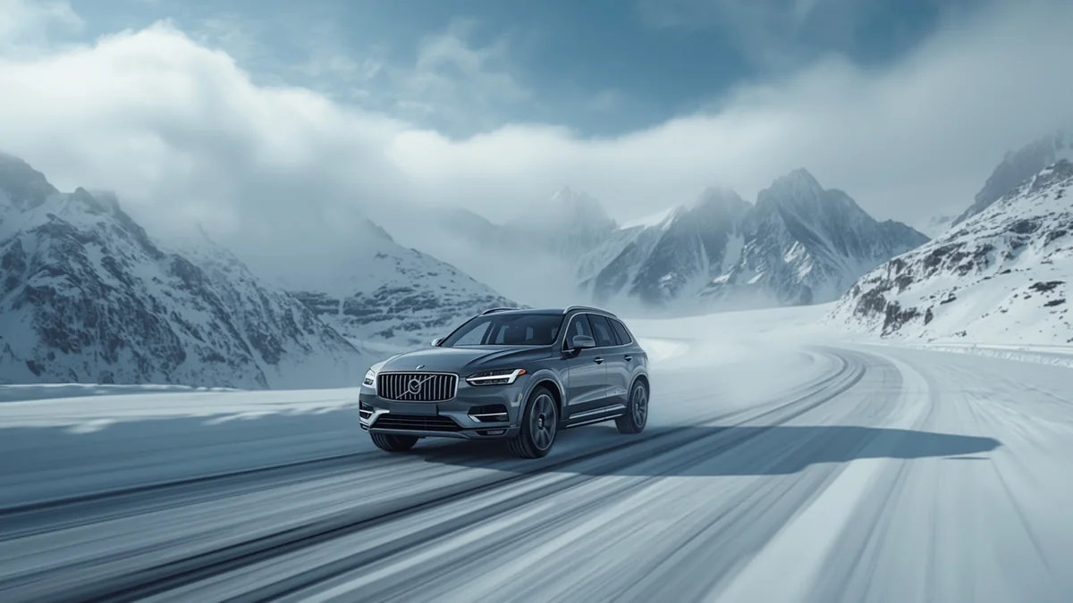 Grå SUV på en snødekt fjellvei